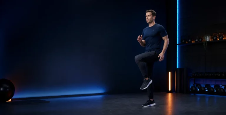 Homme en pantalon de sport réalisant une marche active contrôlée dans un espace d’entraînement à domicile