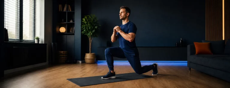 Homme en pantalon de sport réalisant une fente contrôlée dans un espace d’entraînement à domicile sombre et épuré.