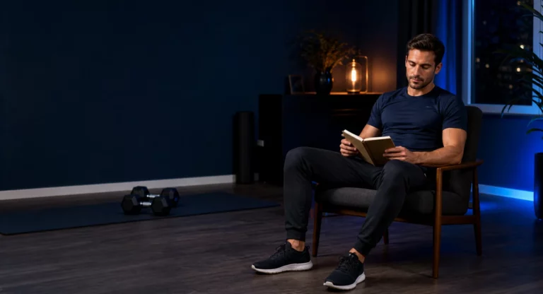 Homme en tenue de sport prenant des notes après une séance à domicile, dans une ambiance calme du soir.