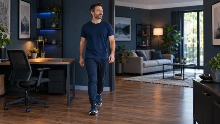 Homme en pantalon marchant dans son salon à proximité de son bureau.