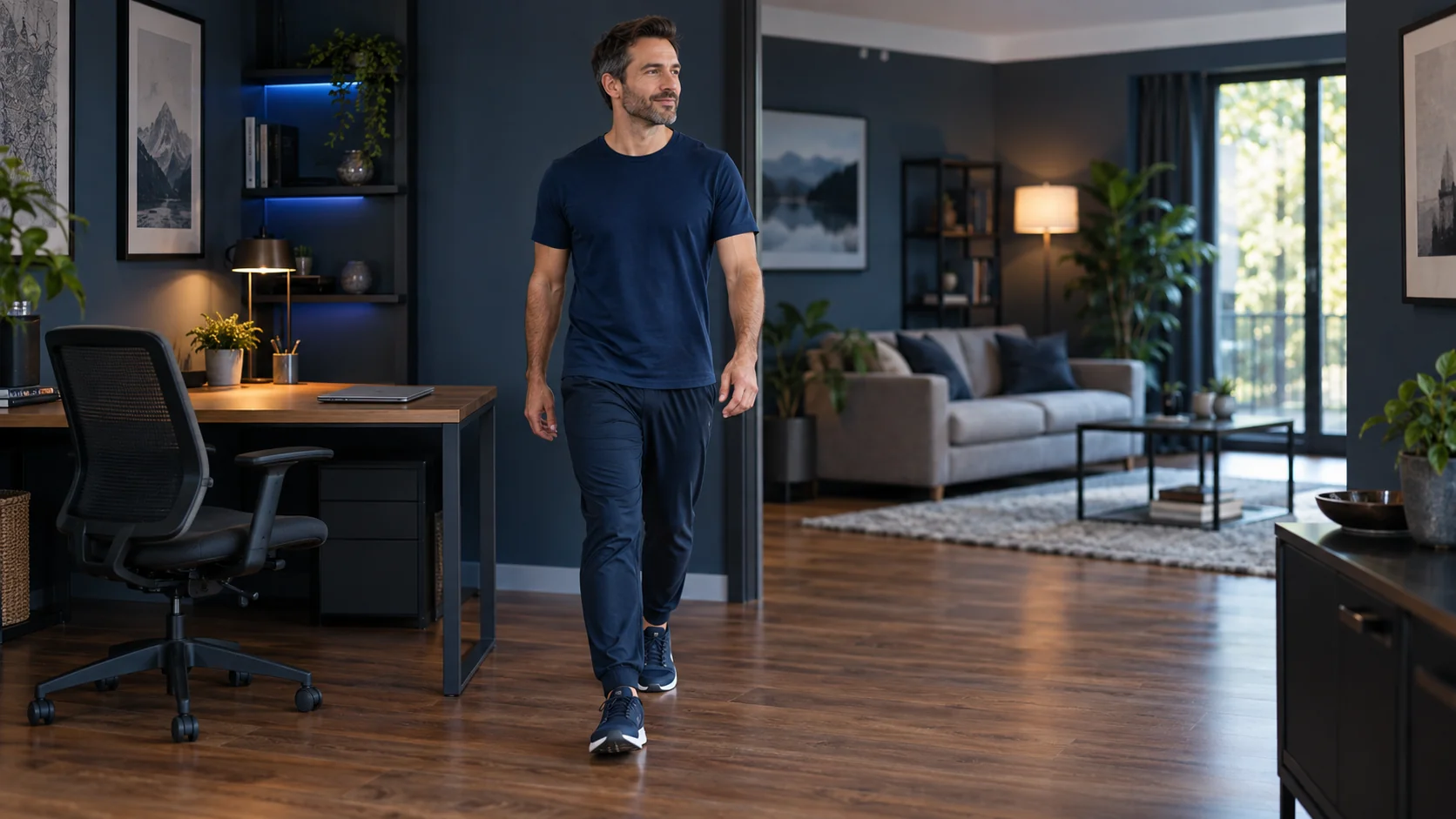 Homme en pantalon marchant dans son salon à proximité de son bureau.