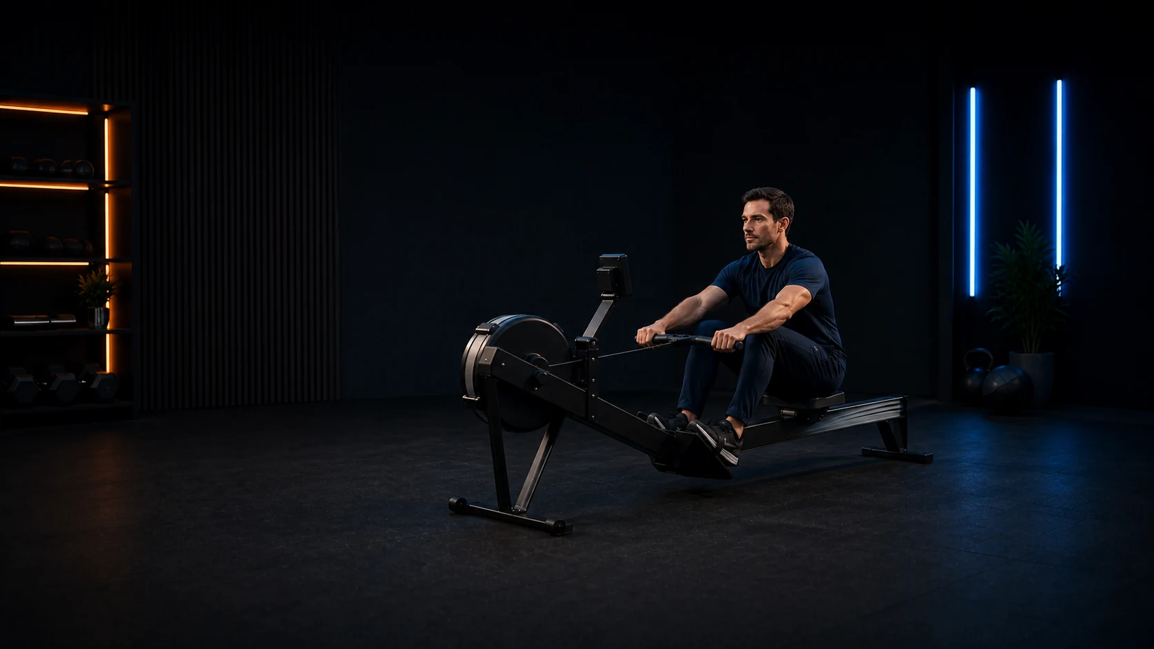 Homme en pantalon de sport utilisant un rameur dans un studio d’entraînement sombre et dégagé.