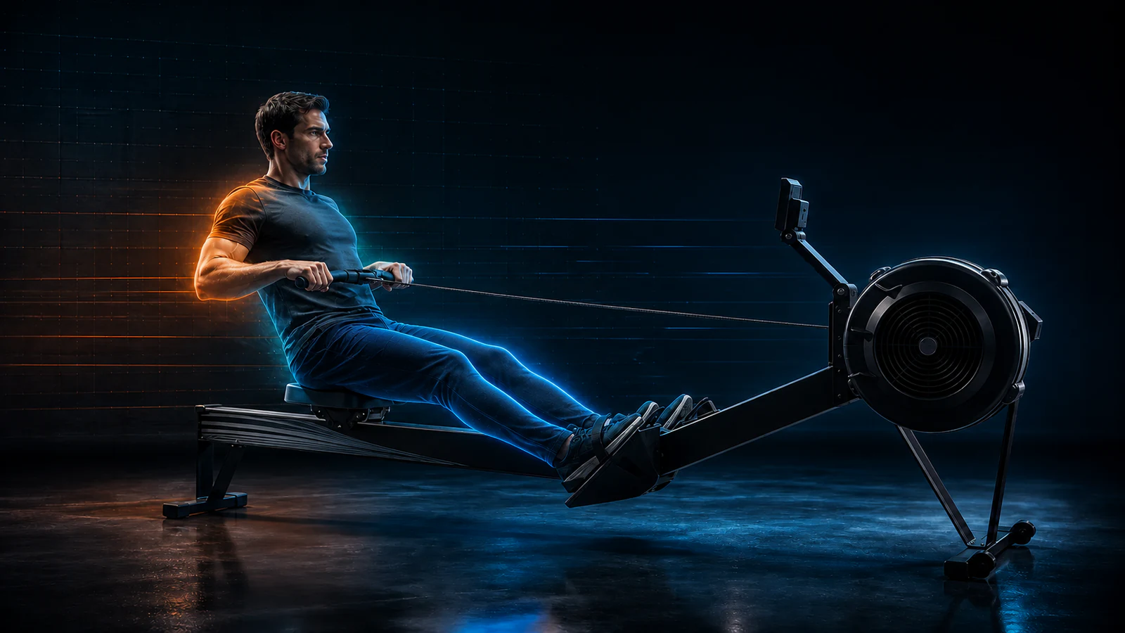 Pratiquant sur un rameur dans un studio sombre, avec des halos bleus sur les jambes et orange autour du haut du corps pour symboliser les zones sollicitées.