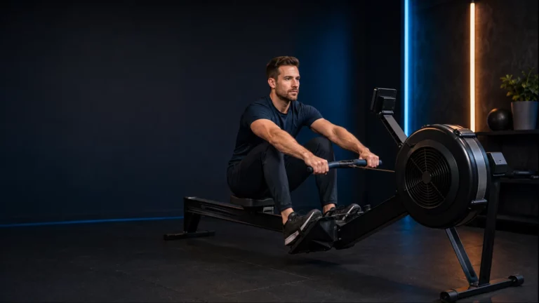 Homme en pantalon de sport utilisant un rameur à air dans un espace d’entraînement à domicile sombre