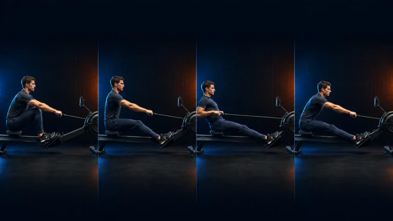 Quatre vues latérales d’un même pratiquant montrant la position de départ, la poussée des jambes, la fin du tirage et le début du retour sur rameur.