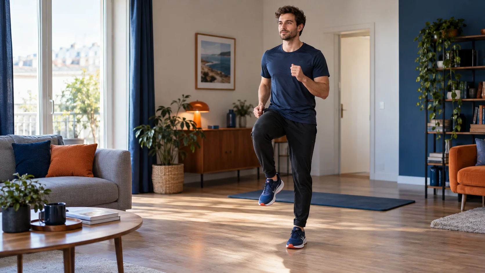 Homme en pantalon de sport en position de marche sur place dans un salon avant sa séance.