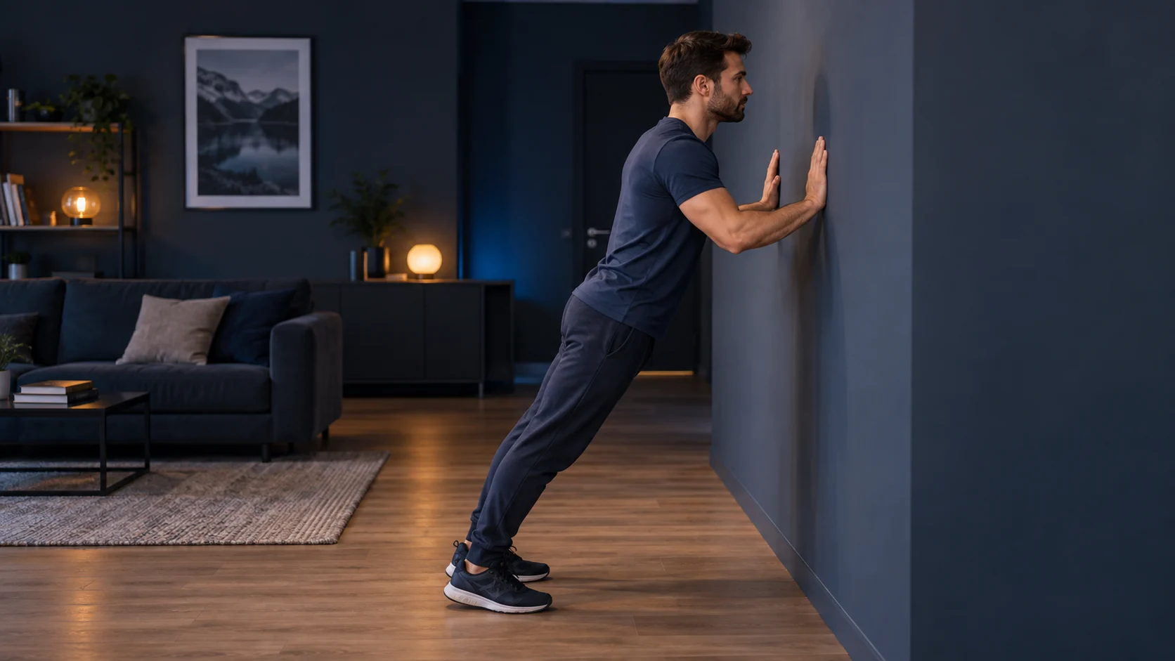 Homme en pantalon de sport réalisant une pompe au mur dans un salon.